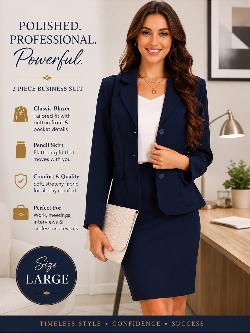 Classic Navy Women's Blazer & Skirt Suit - Professional Two-Piece
